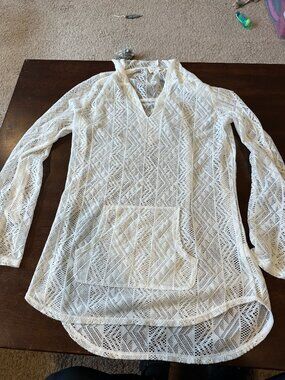 LA Hearts white fold sleeve Crochet Hooded Cover-up Dress Small Lace Beach Swim